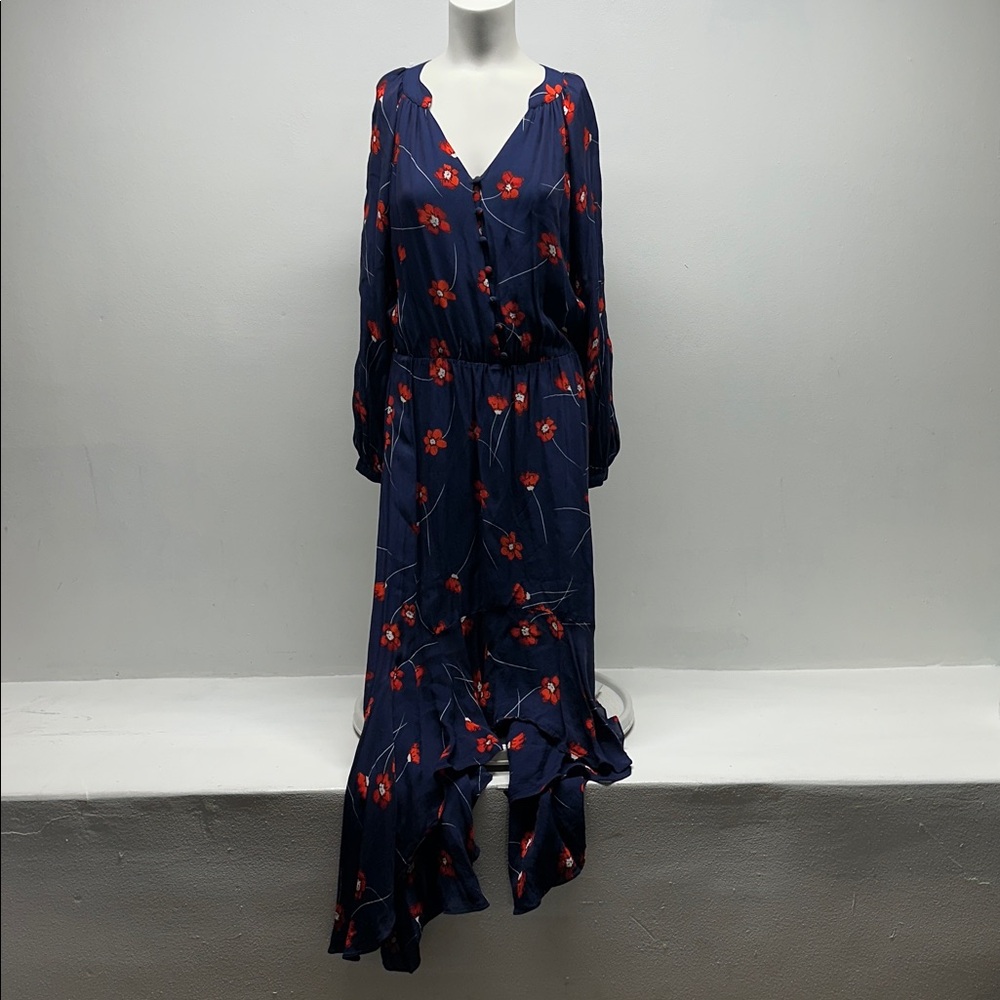 Parker Verity Maxi Dress Silk Button Front High Low Hem Floral Navy Blue Medium - Picture 2 of 12